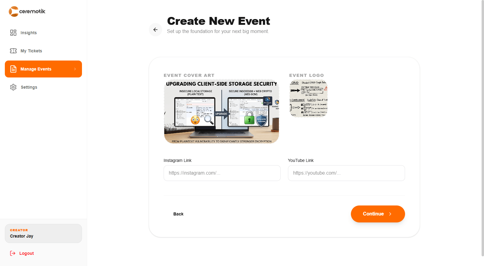 Event creation wizard