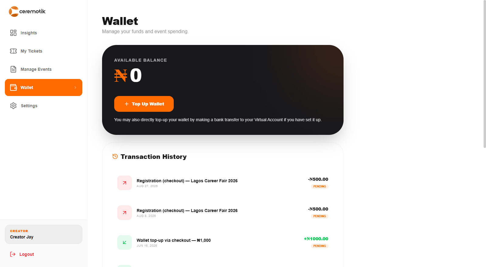 Wallet dashboard